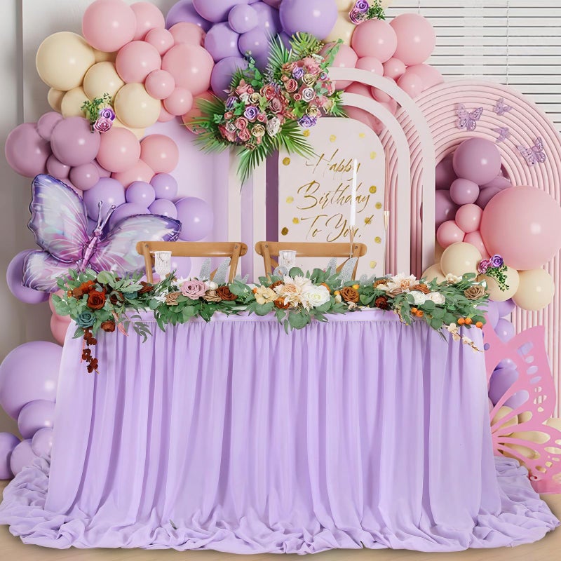 QueenDream 14ft Lavender Chiffon Table Skirt Purple Sheer Tablecloth for Rectangle Tables for Baby Shower Birthday Party Decorations - Image 1